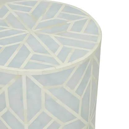 Close-up detail of sea green bone inlay drum table showing precision geometric star inlay craftsmanship on the surface and rim