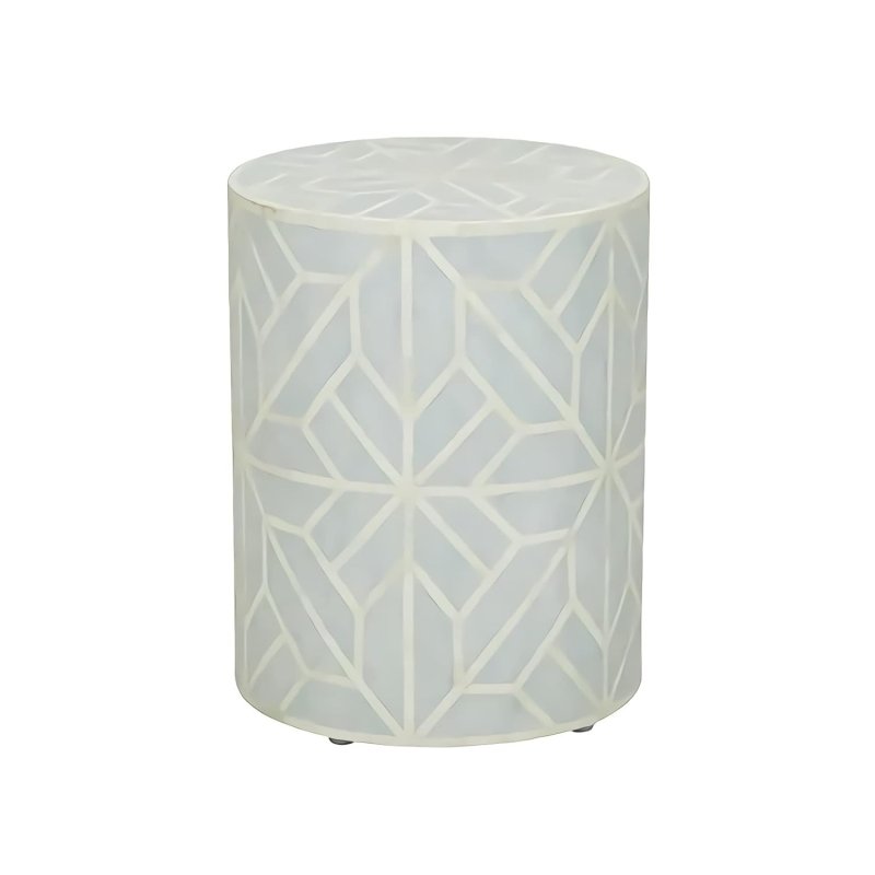 Sea green and white handcrafted bone inlay drum table featuring a geometric star pattern on mango wood, isolated white background
