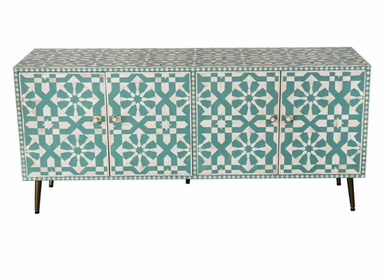 Detailed seafoam green bone inlay mosaic pattern on the surface and body of a four-door solid wood buffet cabinet