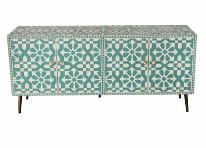 Detailed seafoam green bone inlay mosaic pattern on the surface and body of a four-door solid wood buffet cabinet