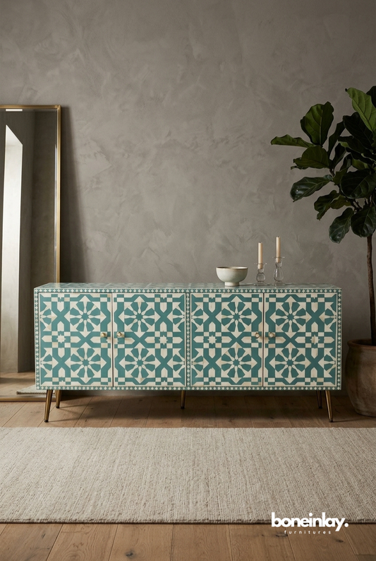 Seafoam green geometric bone inlay sideboard buffet styled in a living room with brass tapered legs and four-door storage