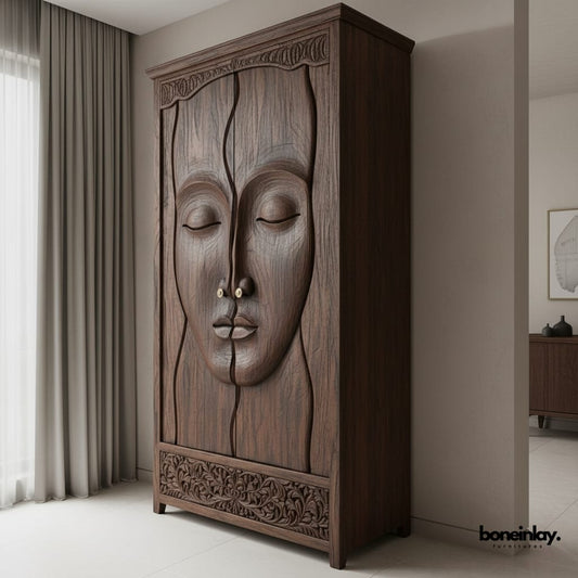 Serene Face Solid Wood ArmoireCarving