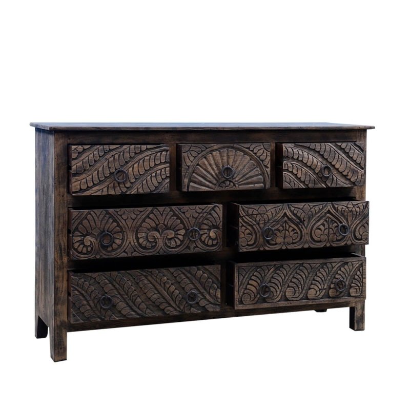 Dark wood dresser with three smaller upper drawers and four larger lower drawers, each with a carved front.