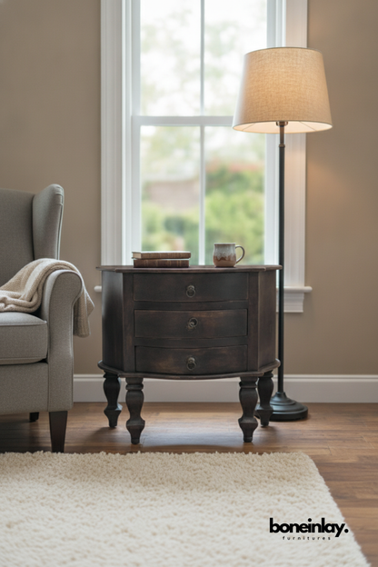 Vintage Round Three Drawer Wooden End Table in Dark Walnut Finish