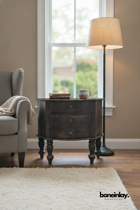 Vintage Round Three Drawer Wooden End Table in Dark Walnut Finish