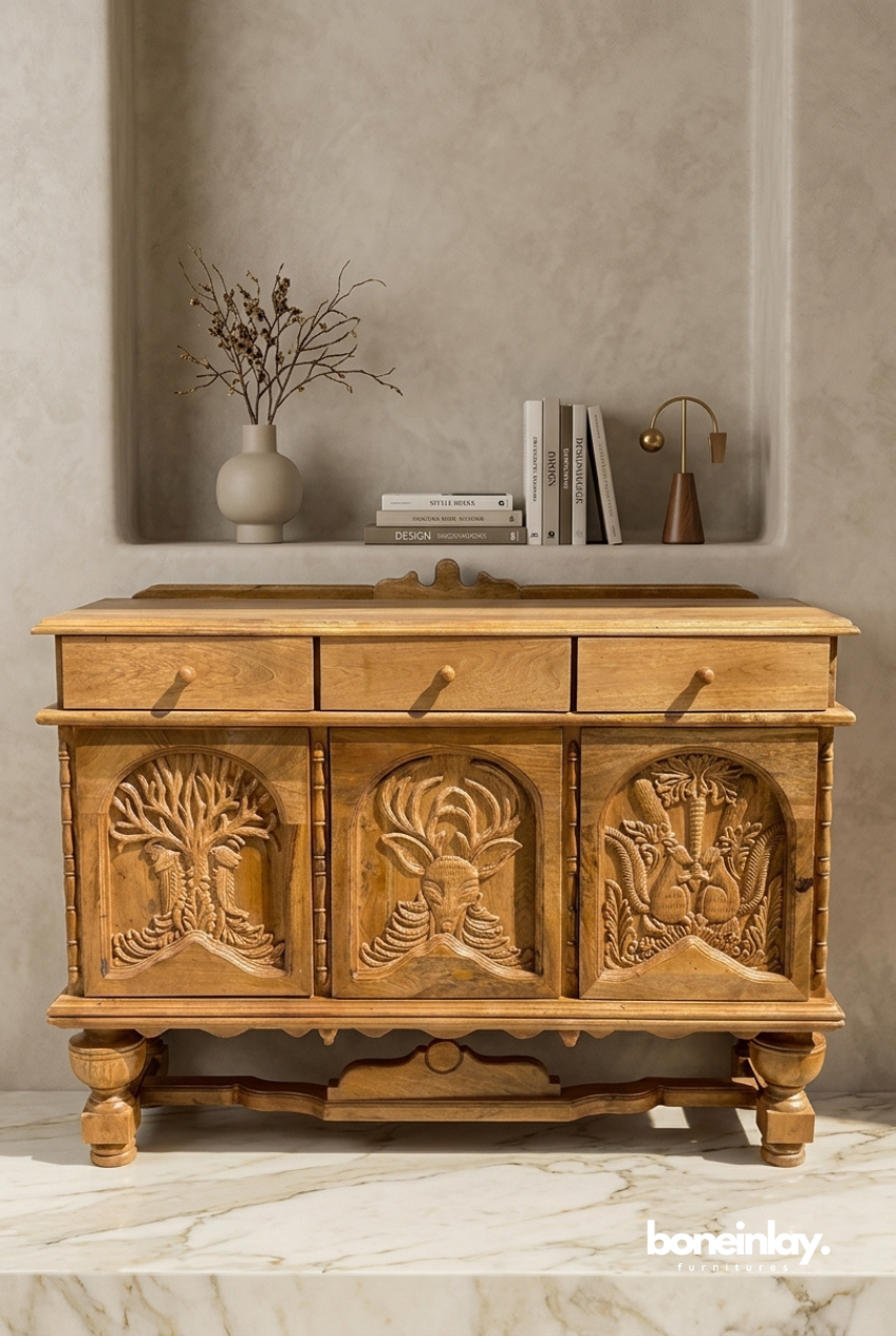 Honey-toned solid wood credenza featuring three cabinet doors with distinct deep-relief hand-carved panels of a tree, a stag, and woodland creatures.