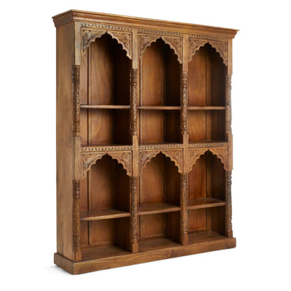 Solid wood bookshelf in warm brown, front view at a slight angle showing the left side, scalloped arches and empty shelves.