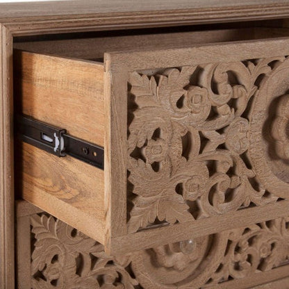 Six-drawer solid wood storage chest highlighting close-up floral carving and a natural organic mango wood finish