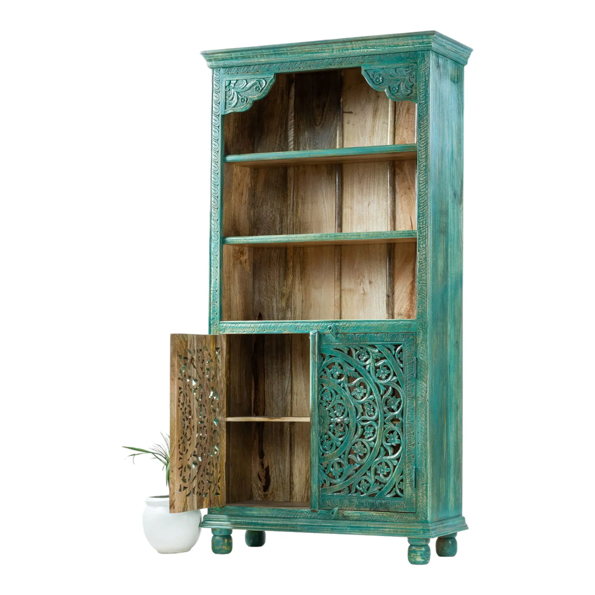 Solid wood display cabinet in distressed teal, front view angled from the right with the left door open.
