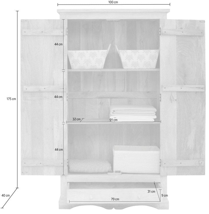 Solid Wood Floral Armoire shown open with three shelves, drawer storage, and measurements marked around the cabinet.