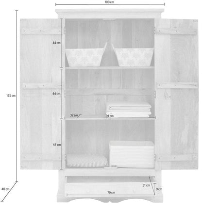 Solid Wood Floral Armoire shown open with three shelves, drawer storage, and measurements marked around the cabinet.