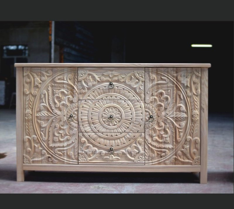 Solid Wood Floral Buffet with a rustic finish, front view showing carved mandala doors, three drawers and ring pulls.
