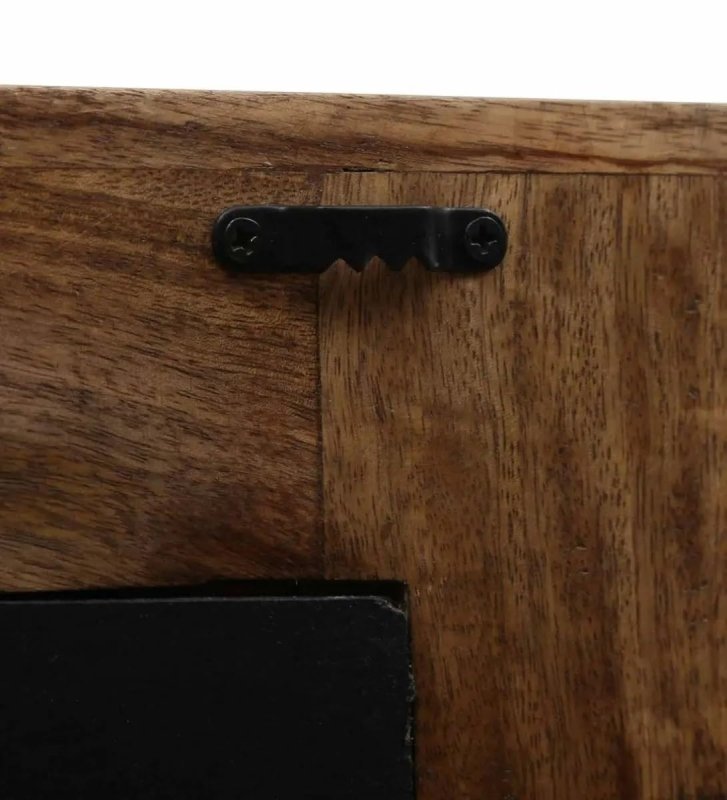 Solid wood hanging mirror with natural wood grain, back view showing a black sawtooth hanger and backing panel edge.