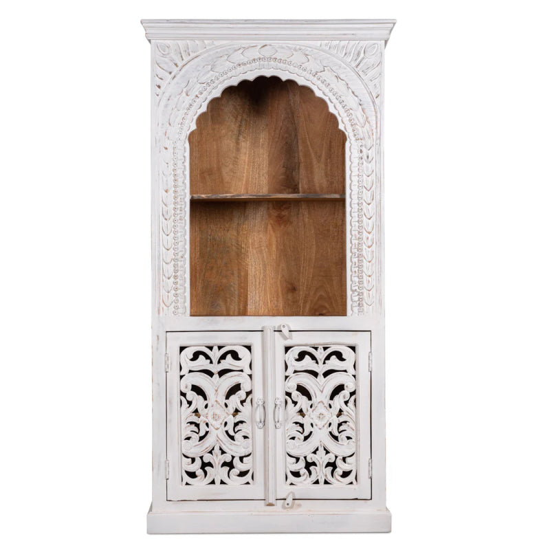 Solid wood home altar with a rustic finish, front view showing empty arched shelves and two floral fretwork doors.