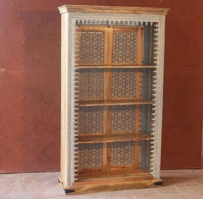 Solid wood open bookshelf, front view showing four shelf tiers, geometric fretwork panels and rustic carved trim.