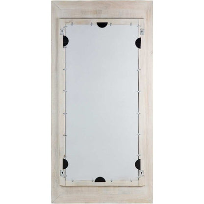 Solid wood rectangular mirror with a rustic finish, back view showing the backing panel, retaining clips and hanging plates.