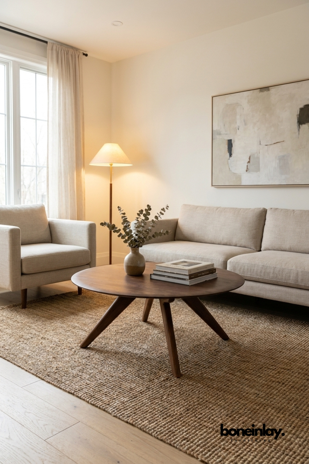 Mid-century modern round solid walnut coffee table, minimalist wooden living room furniture, natural wood luxury table .