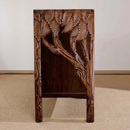 Solid Wood Storage Cabinet with a hand-carved elephant.