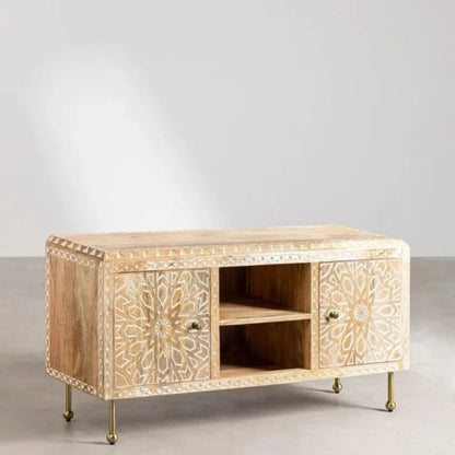 Albaron solid wood television stand with cabinet storage and an open center section, shown from the front at an angle.