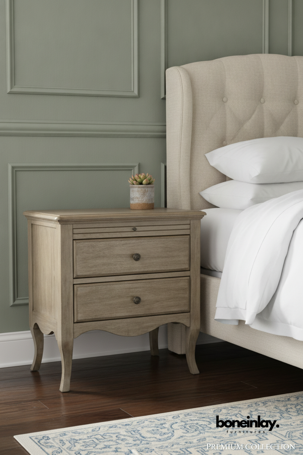 French Country Two Drawer Bedside Table in Weathered Oak Finish