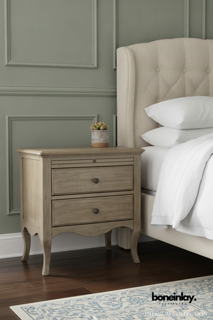 French Country Two Drawer Bedside Table in Weathered Oak Finish