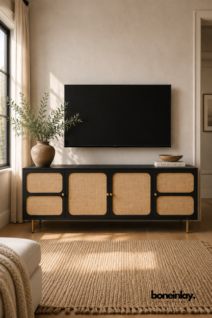 Black TV console with natural cane rattan door panel inserts.
Four rounded cabinet doors combine dark wood framing with woven texture.
Slim brass legs give the piece a light, elevated stance.
Styled beneath a mounted TV with a stoneware vase and wood bowl.