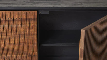 Solid wood three-door credenza with clean lines, metal framing, and practical living room storage.