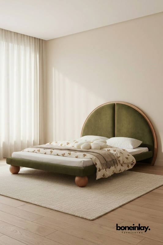 Modern Olive Green Velvet Arch Headboard Platform Bed with Rounded Wood Feet