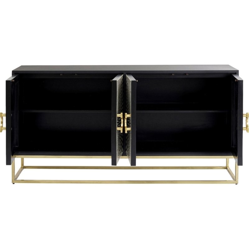 Starburst bone inlay buffet table in black with four doors, handcrafted ivory geometric inlay pattern, and gold-finish open metal base legs