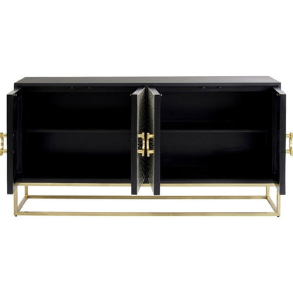 Starburst bone inlay buffet table in black with four doors, handcrafted ivory geometric inlay pattern, and gold-finish open metal base legs