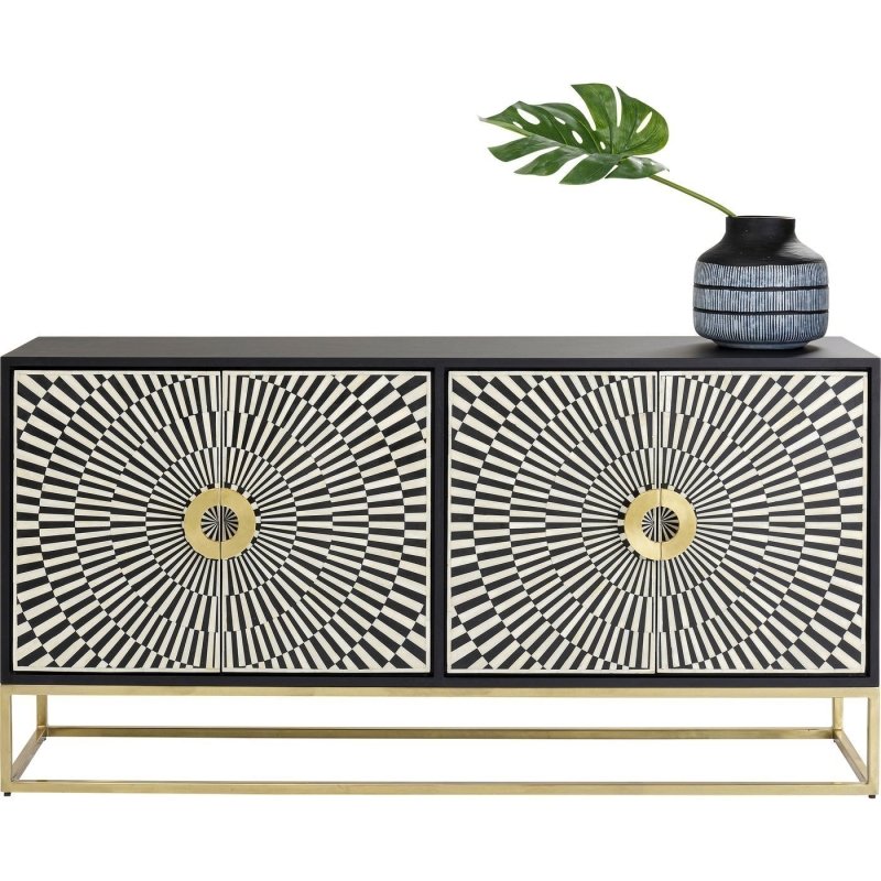 Full front view of starburst bone inlay sideboard with four doors, circular gold brass pulls, black wood frame, and geometric ivory and black inlay pattern
