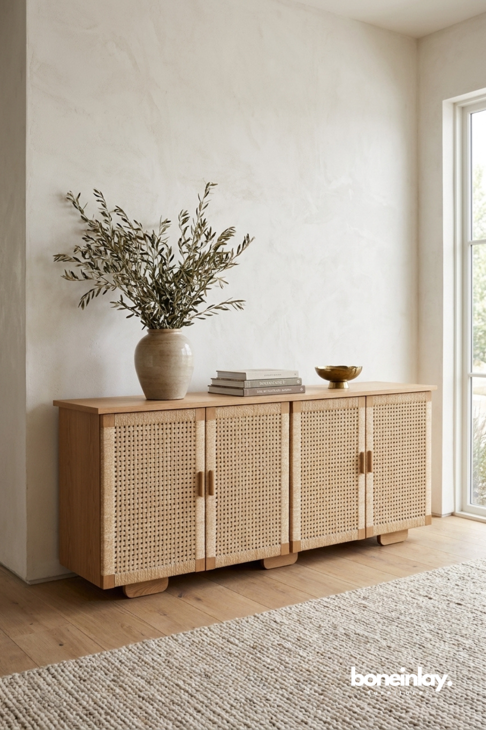 Natural rattan sideboard featuring woven cane doors and minimalist wooden frame construction.