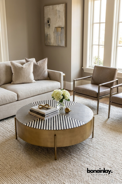 Round black and white bone inlay coffee table with a geometric starburst chevron pattern and brass base frame by Boneinlay Furnitures