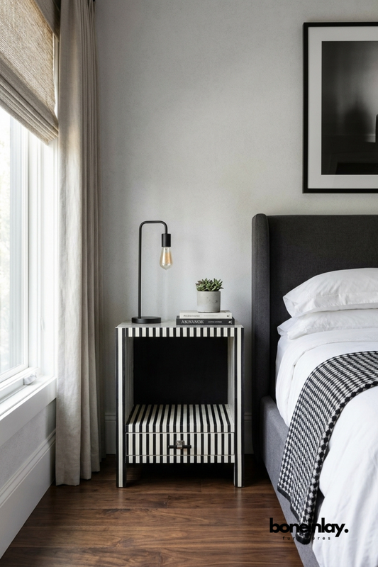 Black and White Striped Bone Inlay One Drawer Nightstand with Open Shelf Storage