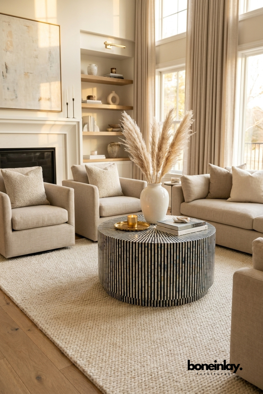 Stripped handmade bone inlay round black coffee table, artisan crafted black and white geometric inlay centerpiece for living room