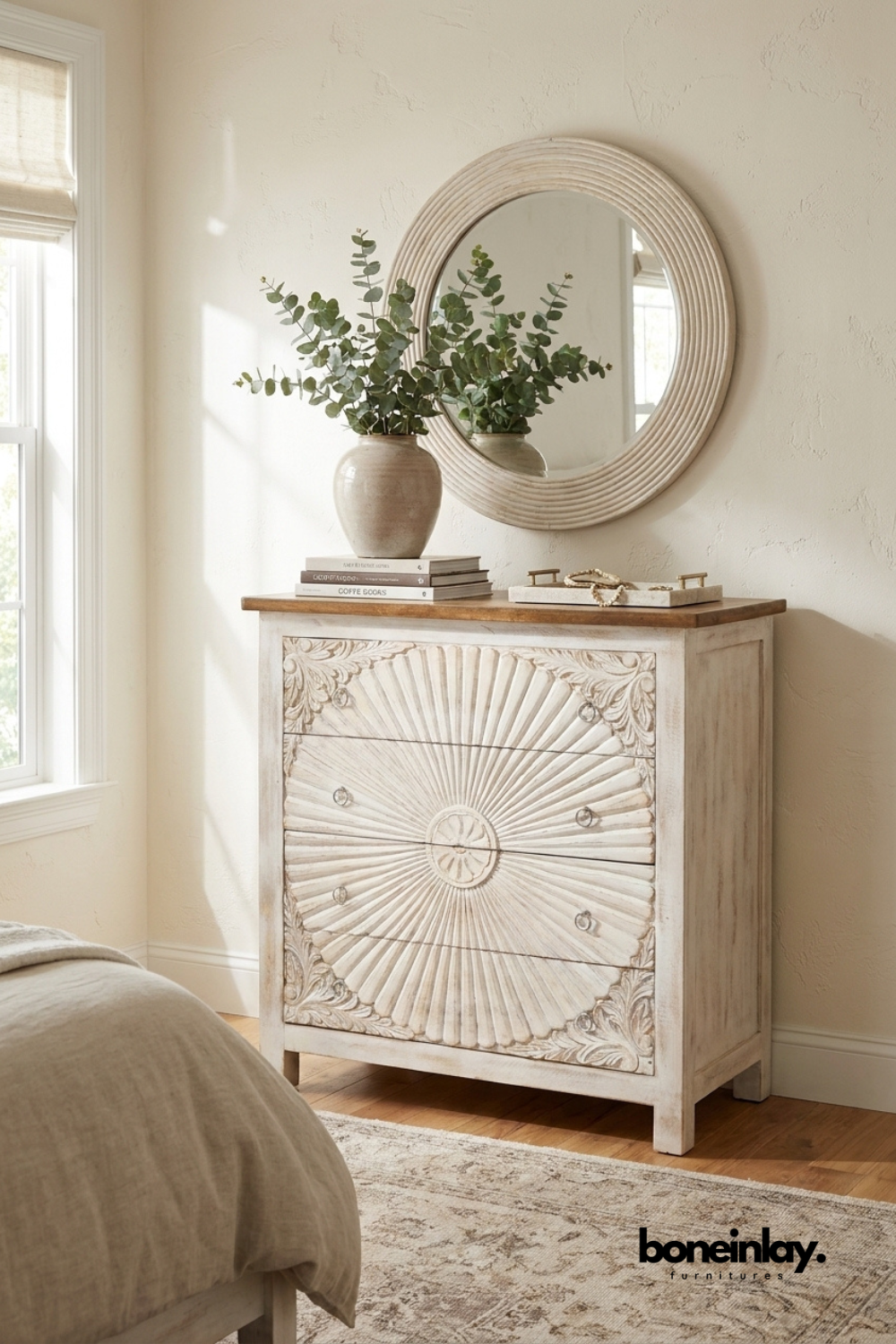 Handcrafted whitewashed carved solid wood bedside table featuring sunburst carved drawer fronts, three drawers, and rustic farmhouse bedroom storage.