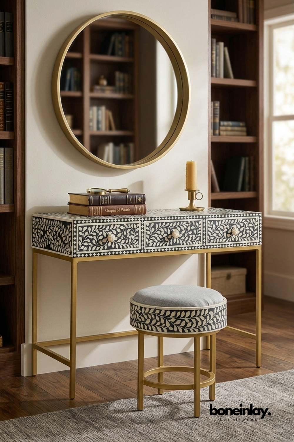 Blue and white floral bone inlay dressing table with three drawers, brass frame, matching upholstered stool, handcrafted vine inlay pattern, and elegant vanity furniture.