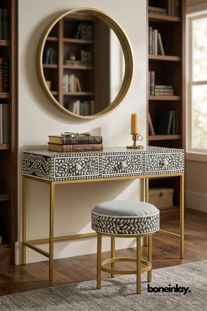 Blue and white floral bone inlay dressing table with three drawers, brass frame, matching upholstered stool, handcrafted vine inlay pattern, and elegant vanity furniture.