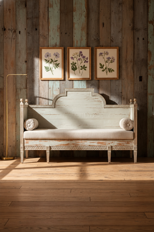 Swedish Gustavian wood daybed with a carved frame and upholstered seat, shown with its full backrest in view.