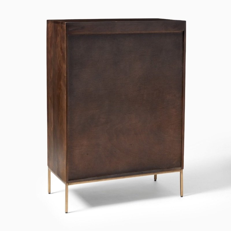 Handcrafted five-drawer bedroom dresser featuring brass cladding, solid wood construction, and a golden finish.