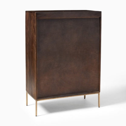 Handcrafted five-drawer bedroom dresser featuring brass cladding, solid wood construction, and a golden finish.