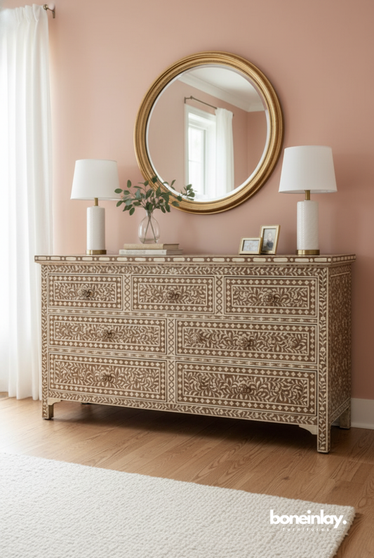 Brown Floral Bone Inlay 7-Drawer Dresser