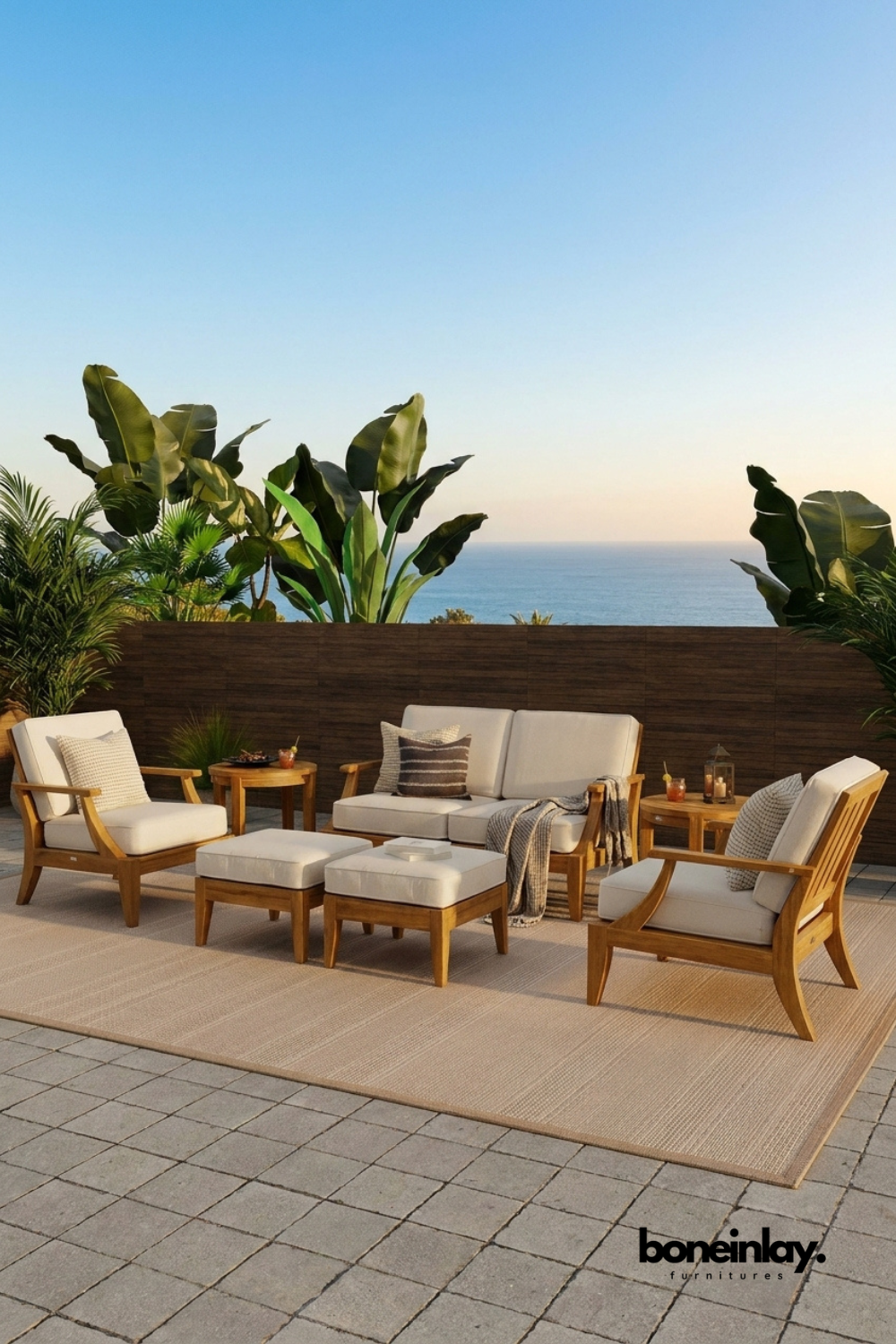 Luxury Teak Wood Outdoor Sofa Seating Set with Cream Cushions and Round Coffee Table