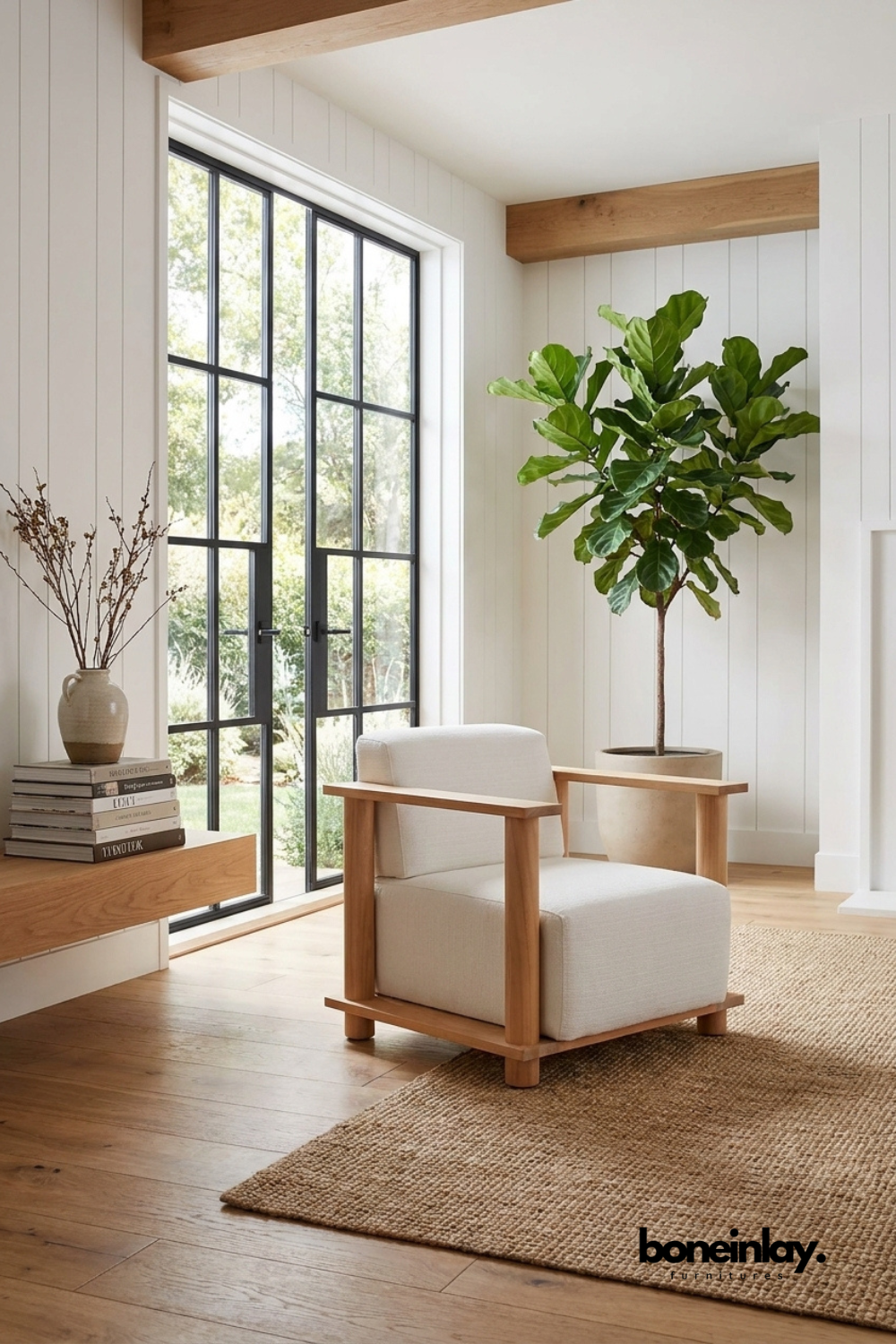Modern solid wood accent chair with ivory upholstered cushions, minimalist lounge chair featuring clean architectural wooden frame.