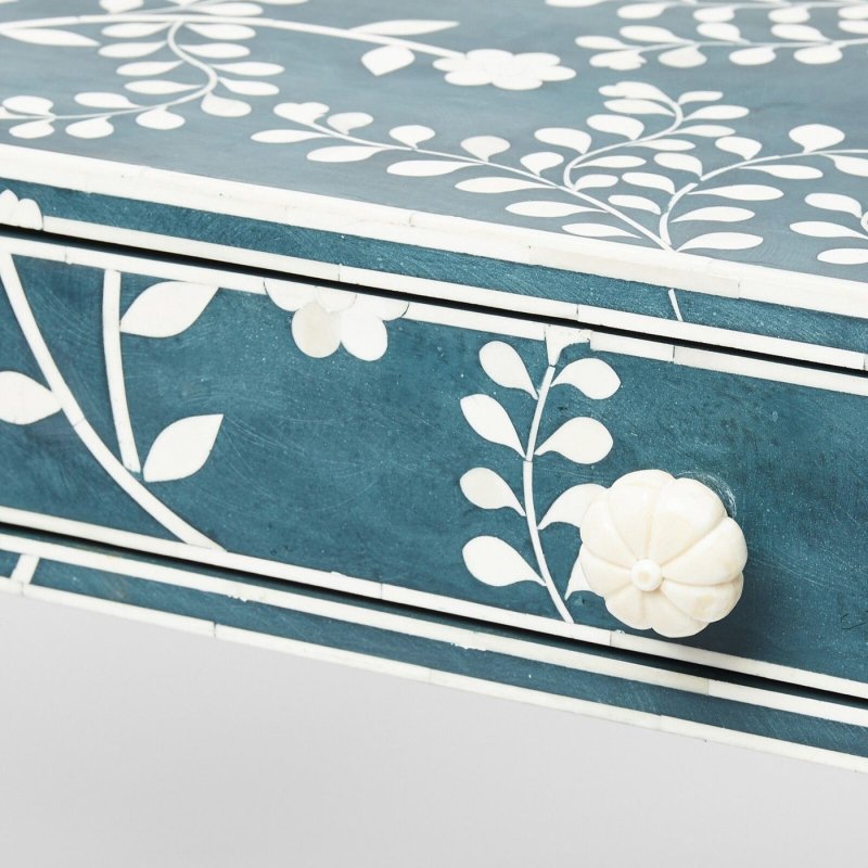 Teal bone inlay drawer with hand-carved white floral vine and leaf pattern, featuring a sculpted white bone flower-shaped drawer knob with mango wood base