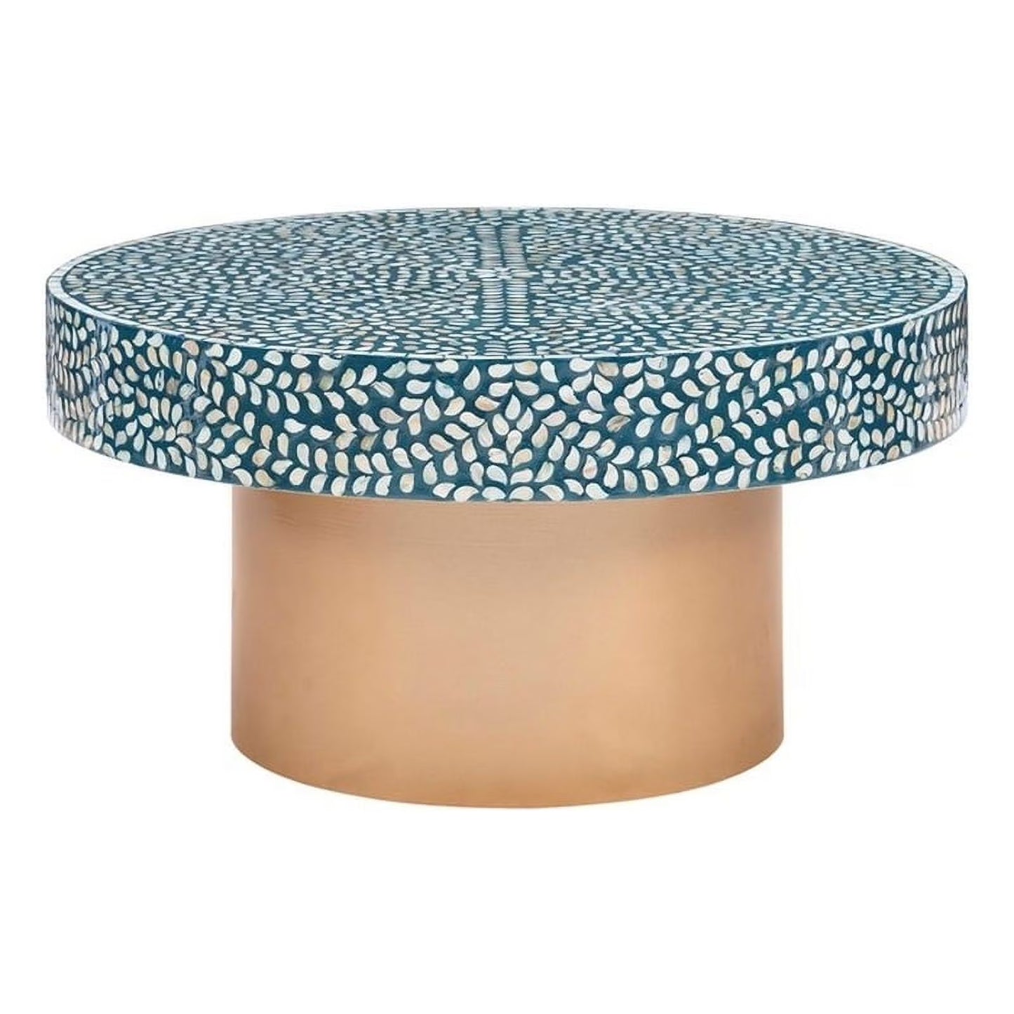 Handmade teal bone inlay round center table with brass base, luxury artisan furniture for living room