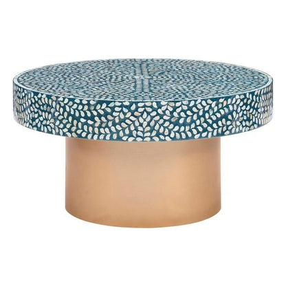 Handmade teal bone inlay round center table with brass base, luxury artisan furniture for living room