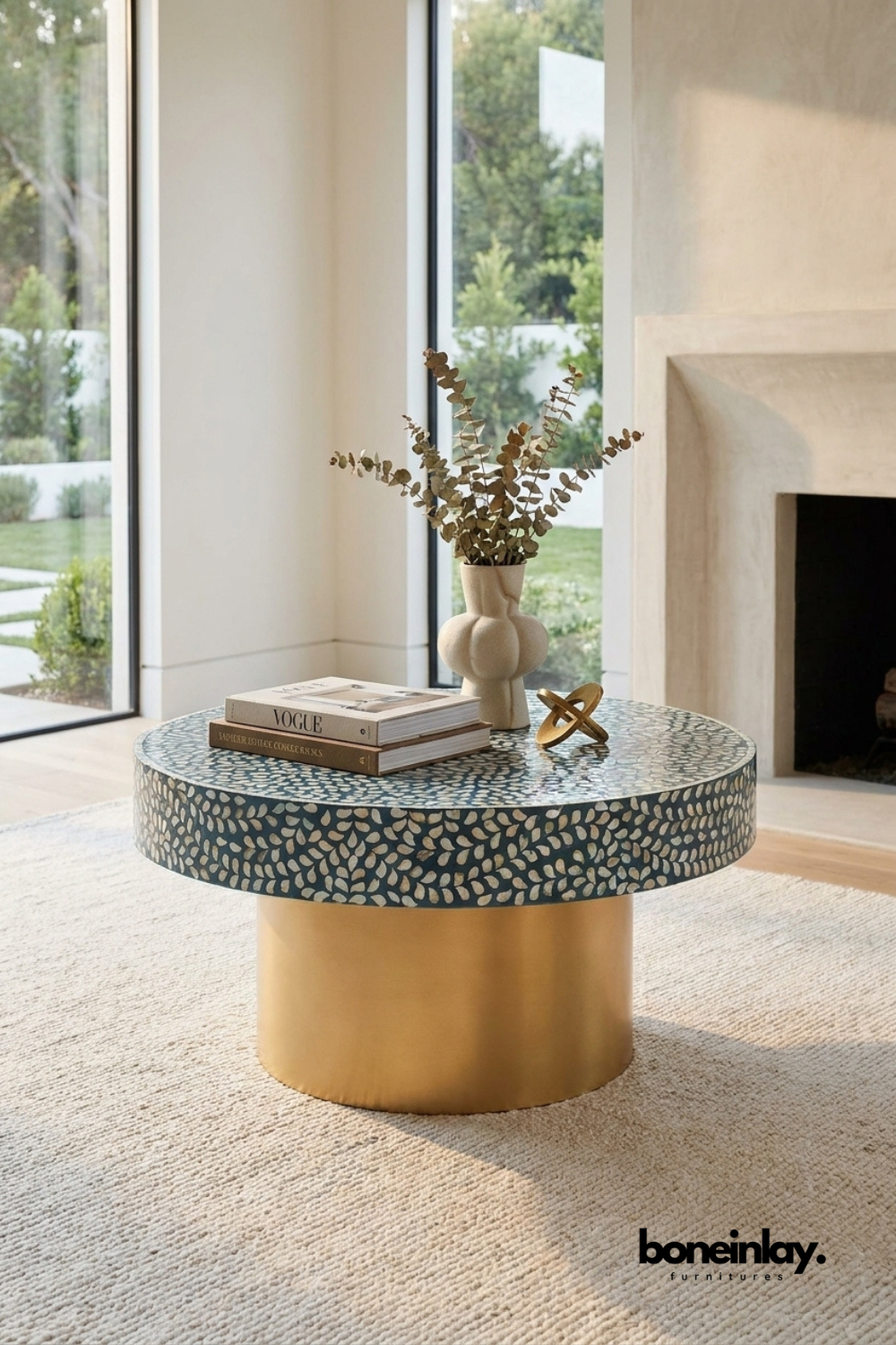Teal leaf Mother of Pearl inlay round coffee table with brass plinth base, handcrafted bone inlay furniture