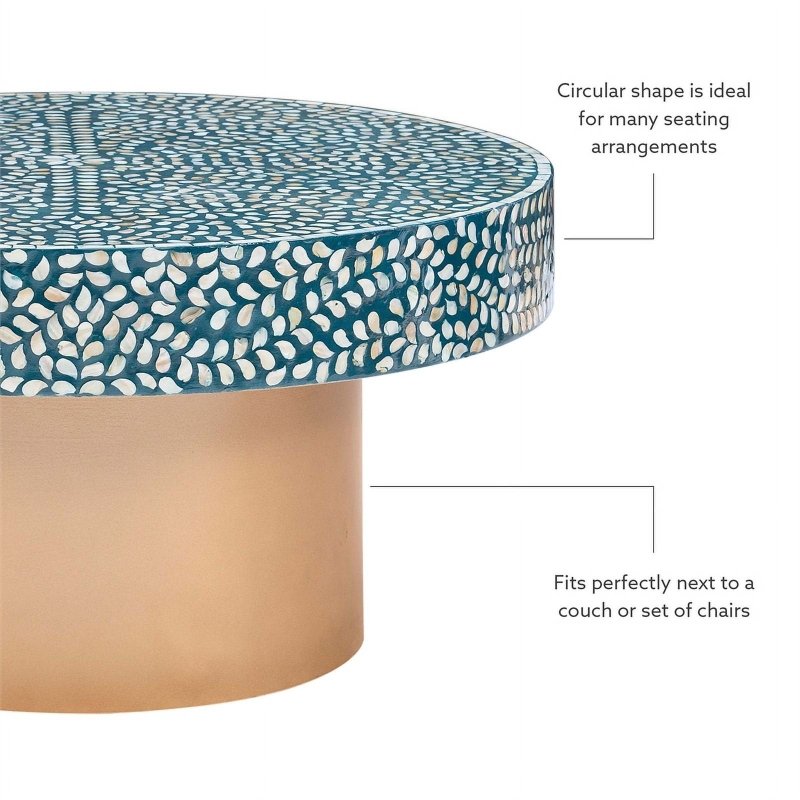 Handmade teal leaf pattern MOP inlay round coffee table with tall cylindrical brass base, artisan crafted Indian bone inlay furniture for sophisticated living space