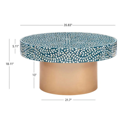Teal leaf pattern Mother of Pearl inlay round coffee table with polished gold brass plinth base, handcrafted artisan bone inlay furniture for luxury living room interior